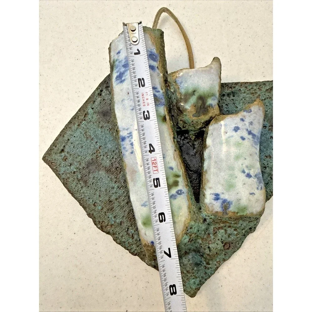 Art Pottery Wall Triple Pocket Hand Made Blue Green Speckle Neutral 9” X 9.75”
